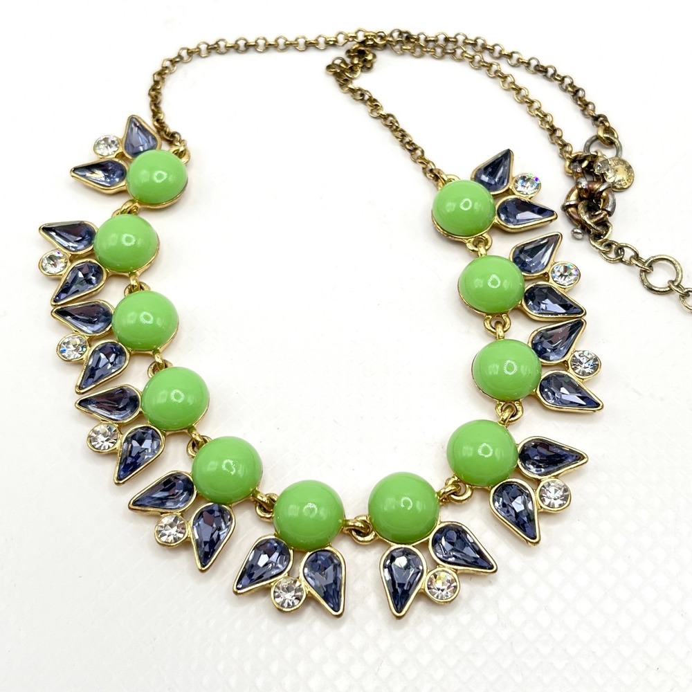 J. CREW Purple &‎ Green Rhinestones Beaded Bib Gold Tone Necklace 18" Y2K